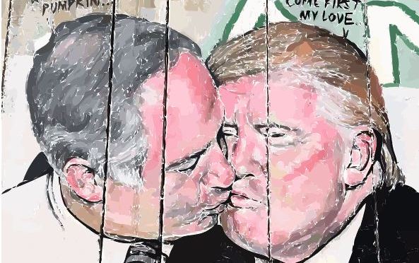 The so-called “zionist kiss”?Trump and Netanyahu share an intimate kiss on West Bank wall mural// Le soi-disant “baiser fraternel sioniste” entre Trump et Netanyahu sur “la barrière de sécurité” en Cisjordanie.